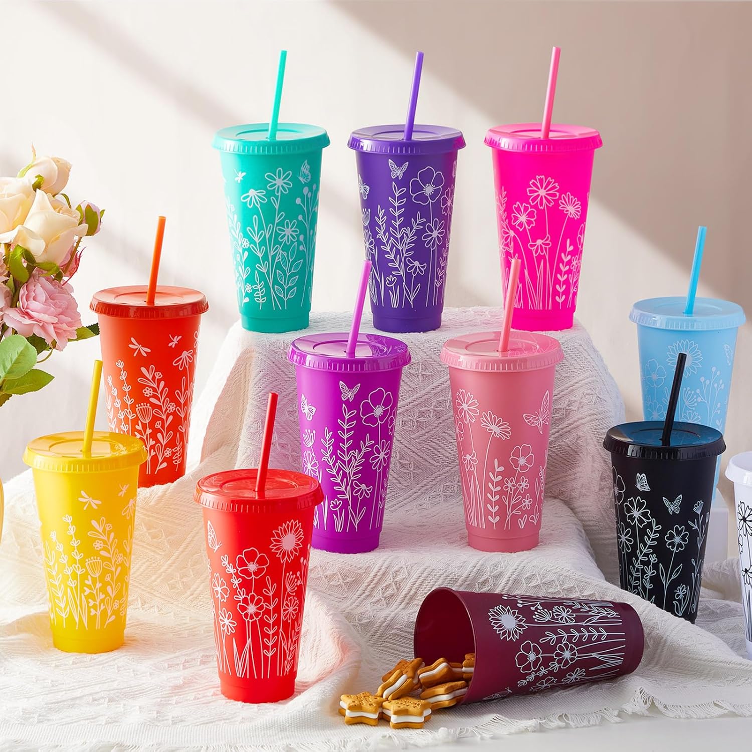 Skylety 12 Pcs Wildflower Plastic Tumblers with Lids and Straw Bulk Gift for Women 24 oz Spring Reusable Iced Coffee Cups Floral Travel Mugs for Easter Bridesmaid Birthday Baby Shower Party Supplies - Image 4