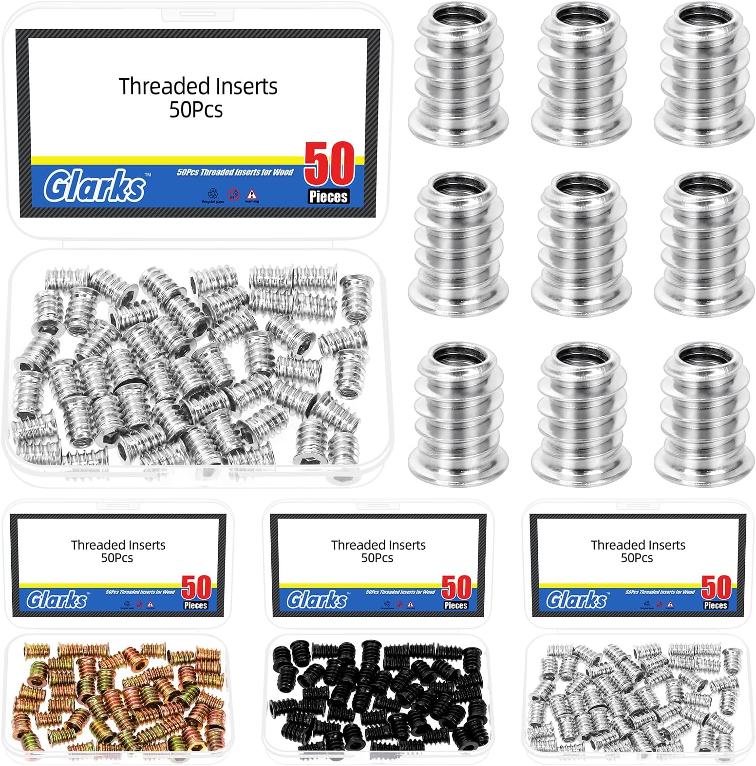 Glarks 50pcs Nickel Plated M6 x 15mm Threaded Inserts Nuts, Carbon Steel Hex Socket Drive Nut Inserts for Bed Frames, Boards, Wood Furniture Bolt Fastener