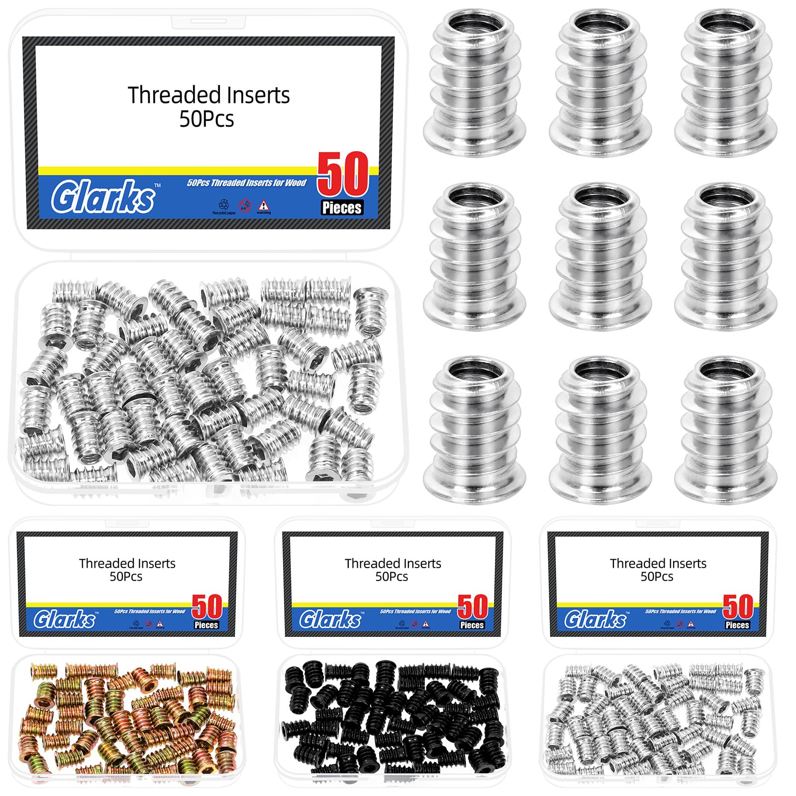 Glarks 50pcs nichelato M6 x 15mm inserti filettati dadi, acciaio al carbonio hex socket drive dadi inserti per telaio letto, tavole, legno mobili chiusura bullone