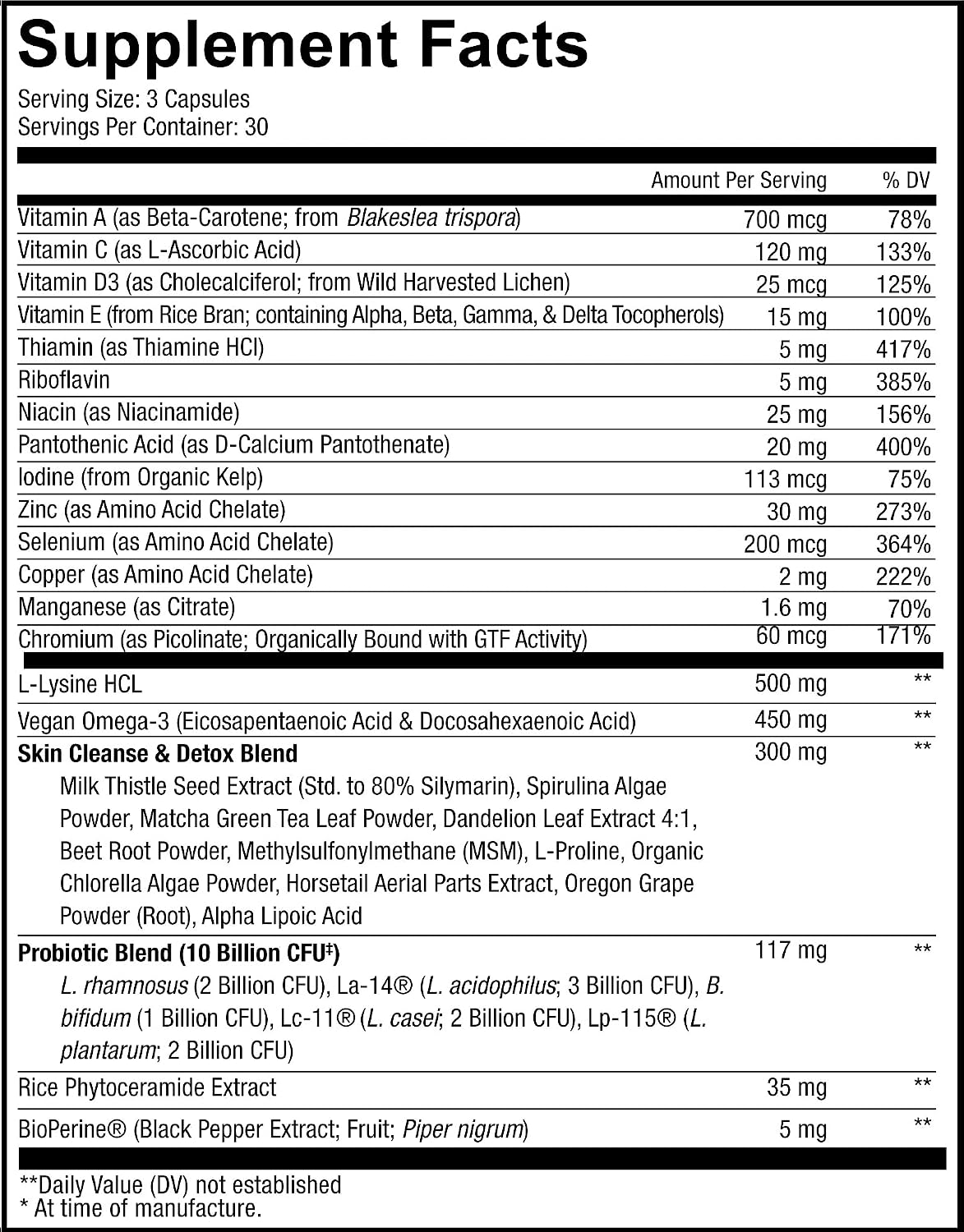 Codeage Clearface Pantothenic Acid, Niacin Supplement, Vitamins A, C, D3, E, Probiotics, Zinc, Riboflavin, Thiamin, L-Lysine HCL & Omega-3, Niacinamide, Skin Botanical Blend - Non-GMO - 90 Capsules