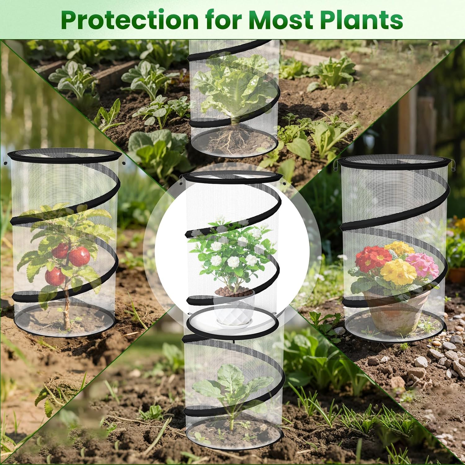 Erinaik 4 Pack Pop up Plant Guard Covers Tent from Animals White, 19.6" x 11.8" Foldable Plant Protectors Mesh Net, Garden Plant Enclosure Protection Cage with Stakes & Carry Bag for Outdoor Plants