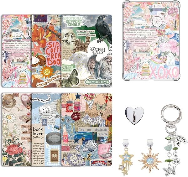 Set d’Accessoires Décoratifs pour Kindle Paperwhite 11e/12e Génération, 6 Cartes Papier Déco, 2 Bouchons Anti-Poussière USB-C avec Charms, Porte-Clés Pendentif Rose pour Liseuse Kindle, Cadeau Lecture - 1