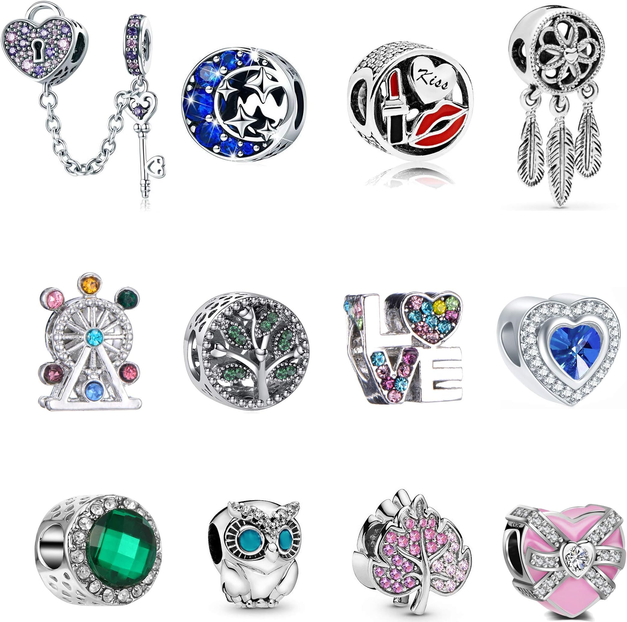 12pcs A Suit 925 Silver Plating Alloy Enamel Colored Rhinestones Tree of Life Lock Owl Heart Luck Bead Charms for Charm Bracelets Snake Bracelet Women's Charms Mother's Day Gift