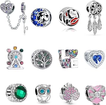 12pcs A Suit 925 Silver Plating Alloy Enamel Colored Rhinestones Tree of Life Lock Owl Heart Luck Bead Charms for Charm Bracelets Snake Bracelet Womens Charms Mothers Day Gift