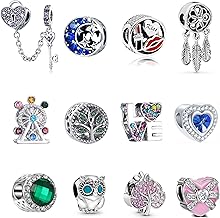 12 piezas Un conjunto de 925 chapado en plata de aleación de esmalte de color Rhinestones Árbol de la Vida Candado Búho Corazón Suerte Bead Charms para pulseras de encantos Brazalete de serpiente Charms de mujer Regalo del Día de la Madre