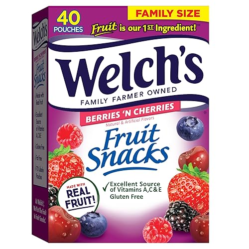 Welch's Fruit Snacks, Berries 'N Cherries, Individual Single Serve Bags, 0.8 oz (Pack of 40) - Berries 'N Cherries - 0.8 Ounce (Pack of 40)