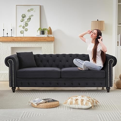 Miniatura 10 de Juego de 2 sofás Chesterfield de terciopelo de 85.5 pulgadas, 3 plazas + 63.5 pulgadas, sofá moderno con brazos enrollados y 2 cojines para sala de