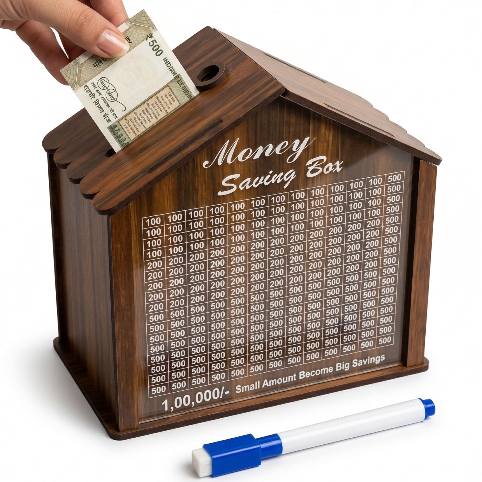 ZEPOMART Money Saving Box for Adults 100000 Wooden Piggy Bank with Numbers Cash Collection Gullak Money Bank for Kids & Adults Saving Challenge Box House Shape Decorative Gift-image-30
