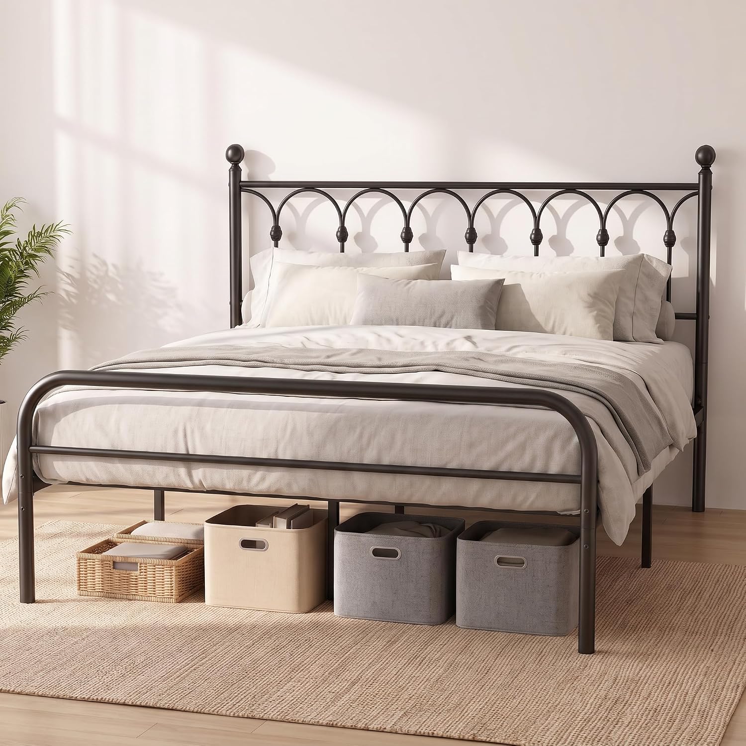 Sweetcrispy Queen Heavy Duty Metal Bed Frame with 11.9" Storage, Black