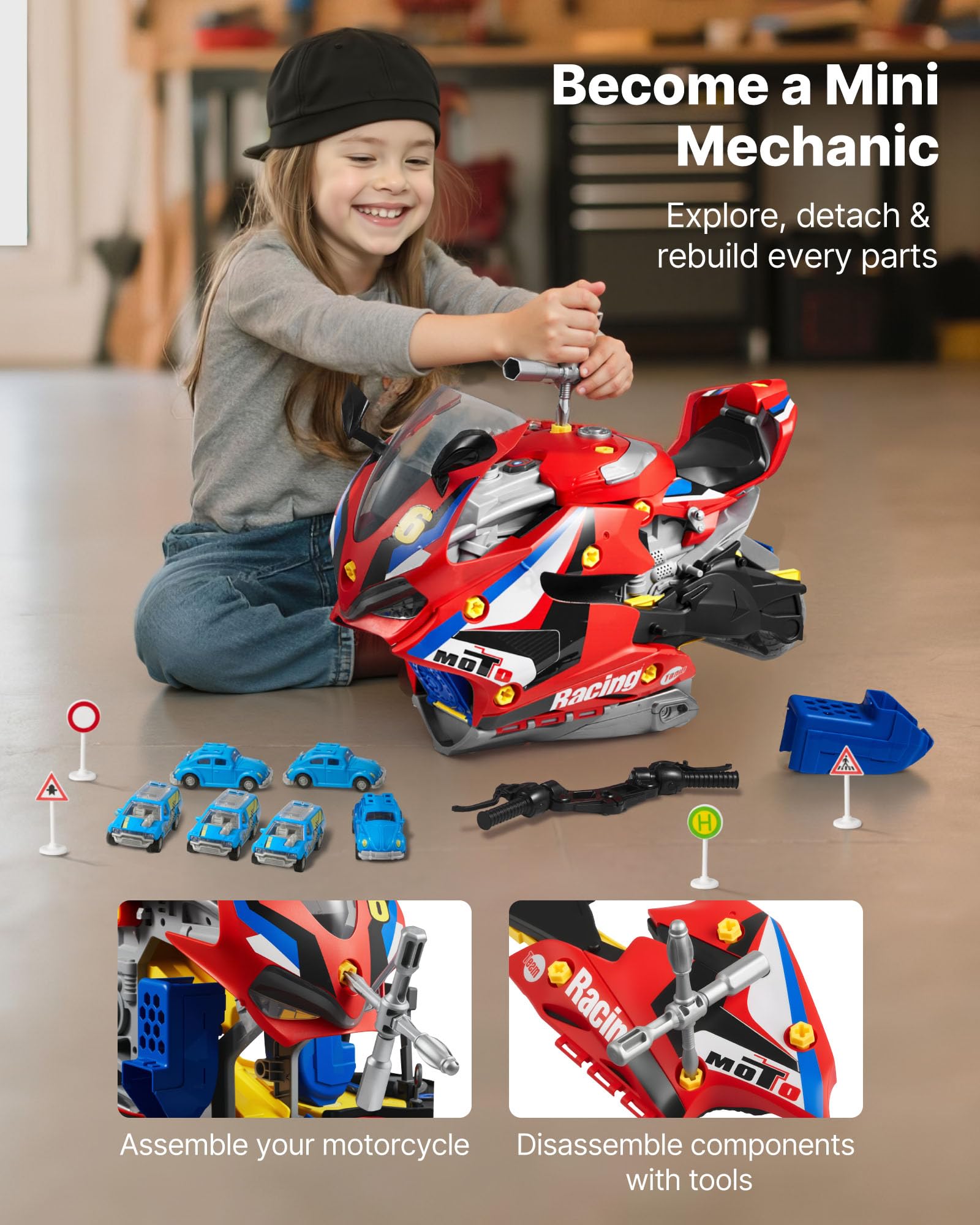 VEVOR Motocykl Motor Toy 25 sztuk Mechaniczna Zabawka Z Zdejmowanymi Częściami Światła i Dźwięki Dla Dzieci Od 3 lat Czerwony