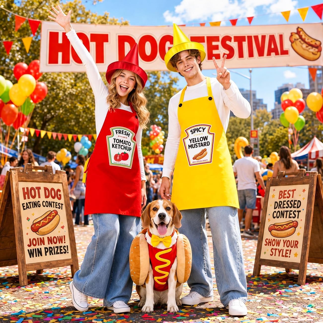 2 Pcs Funny Condiment Apron Costume Set, Ketchup & Mustard Themed Couple Dress‑up Kit with Cone Hats, Adult Humorous Matching Outfit for Halloween Party Cosplay Role Play