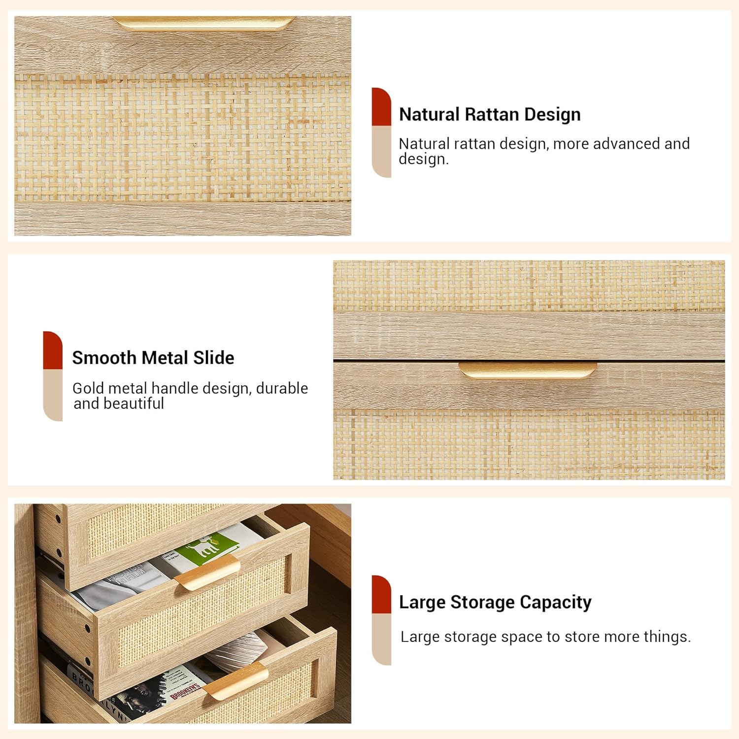 GAOMON Rattan Nightstand, Boho Bedside Table with 3 Drawers Storage and Starage Shelf, Bedside Table with Sturdy Wood Legs for Kids' Room Farmhouse, Bedroom, Living Room (Natural)