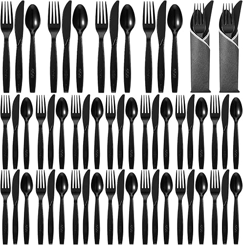 Juego de 1220 cubiertos de plástico negro utensilios de plástico negro cubiertos desechables resistentes con 300 tenedores de plástico 300 cucharas