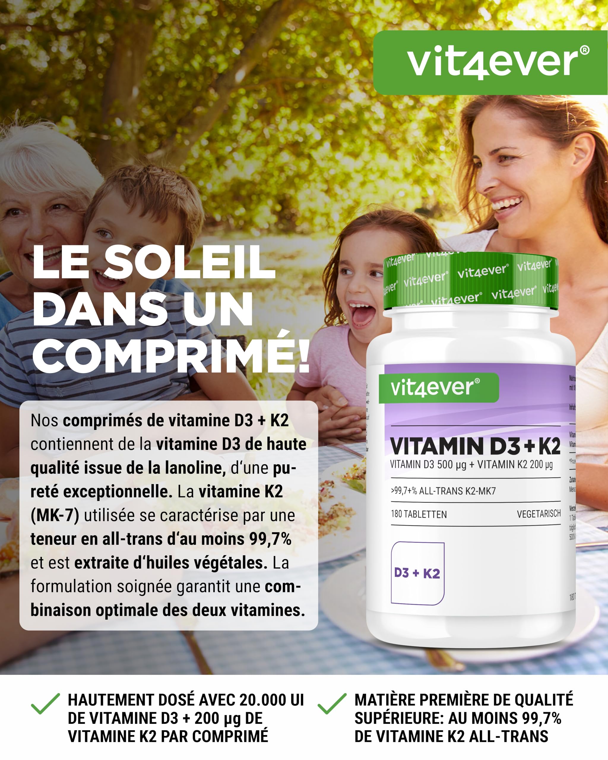 Vitamine D3 + K2 MK-7-180 Comprimés - 20.000 U.I. (500µg) Vitamine D3 & 200µg K2 par Comprimé - Matière Première Premium: 99,7+% All-Trans - Haute Pureté - Forte Dose - Végétarien