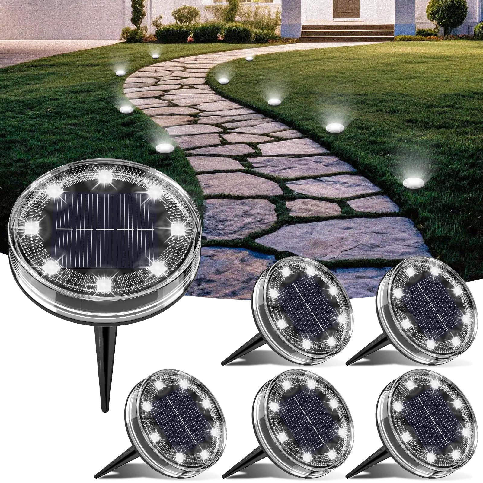 LOTMOS Solar Lights Outdoor Garden, 6 Pack 8 LED Solar Ground Disk Light, IP65 Waterproof Garden Lights for Pathway Lawn Yard Patio Landscape Walkway (Cool White)
