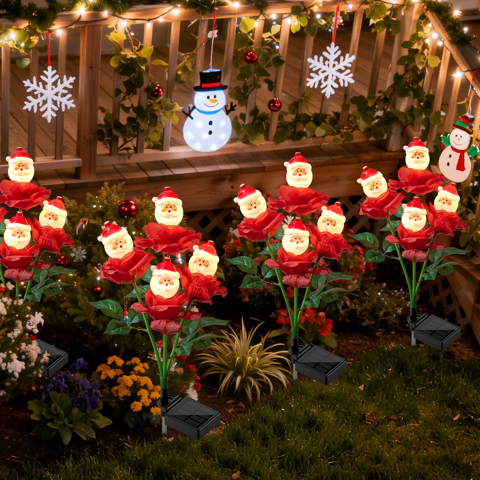 Lot de 2 lampes solaires de jardin en forme de rose de Noël avec Père Noël, 70 cm, pour décoration de Noël, marche/arrêt automatique, étanchéité IP65, convient pour cour, étang, allée