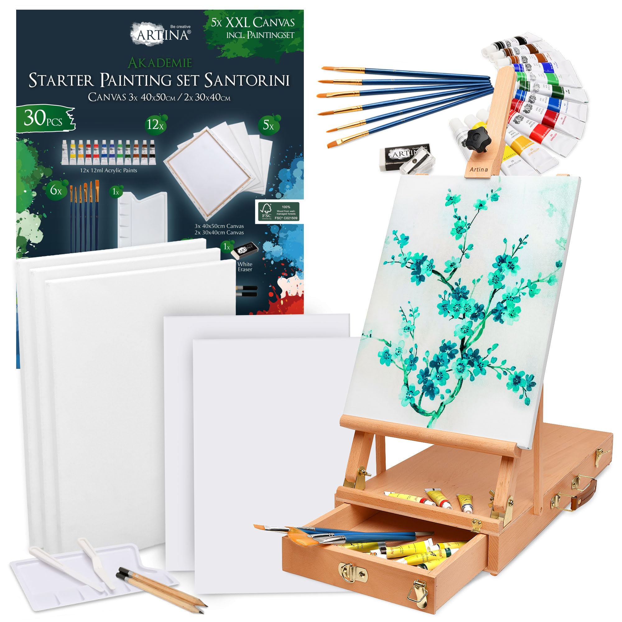 Artina 30pc Set Pittura Acrilica Santorini & Cavalletto Le Mans – Set Artisti con Telai, 12 Colori Acrilici Pennelli Tavolozza per Pittura Cavalletto Tavolo in Legno Faggio Cassetto Utensili Pittura