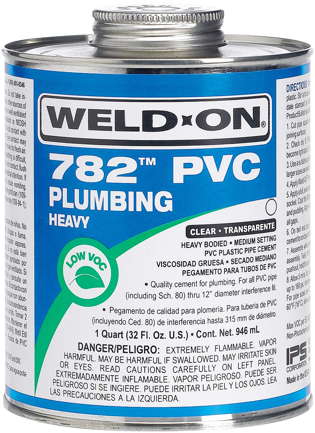 Weld-On 14016 782 PVC Heavy-Bodied High Strength Plumbing Solvent Cement - Medium-Setting and Low-VOC, Clear, 1 Quart (32 fl oz)