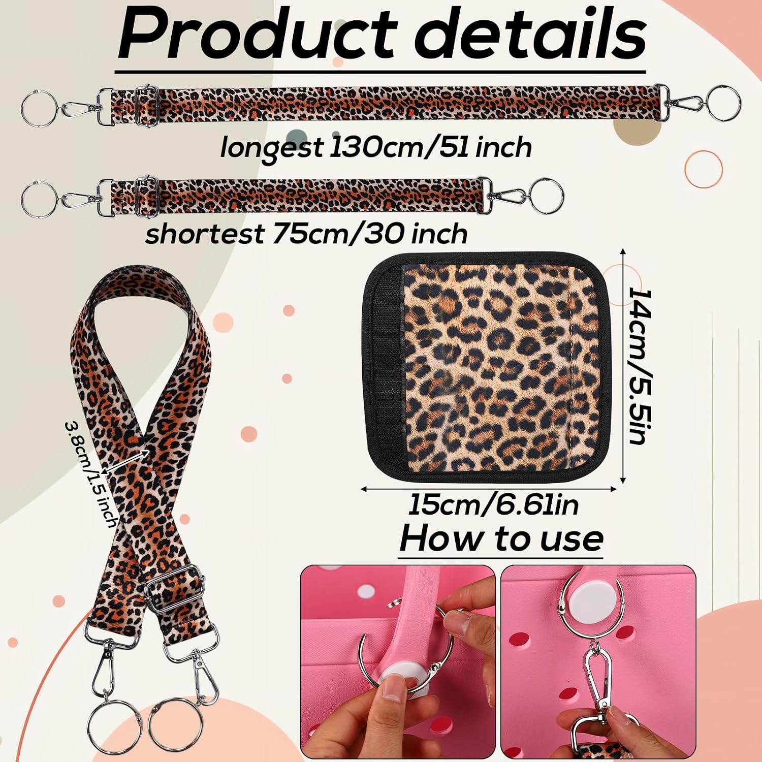 Handle Wrap and Crossbody Strap Replacement for Bogg Bag, Neoprene Handle Wrap and 29.53-51.18in Adjustable Crossbody Purse Wide Shoulder Guitar Strap for Beach Bag Accessory(Leopard Pattern Style) image 2