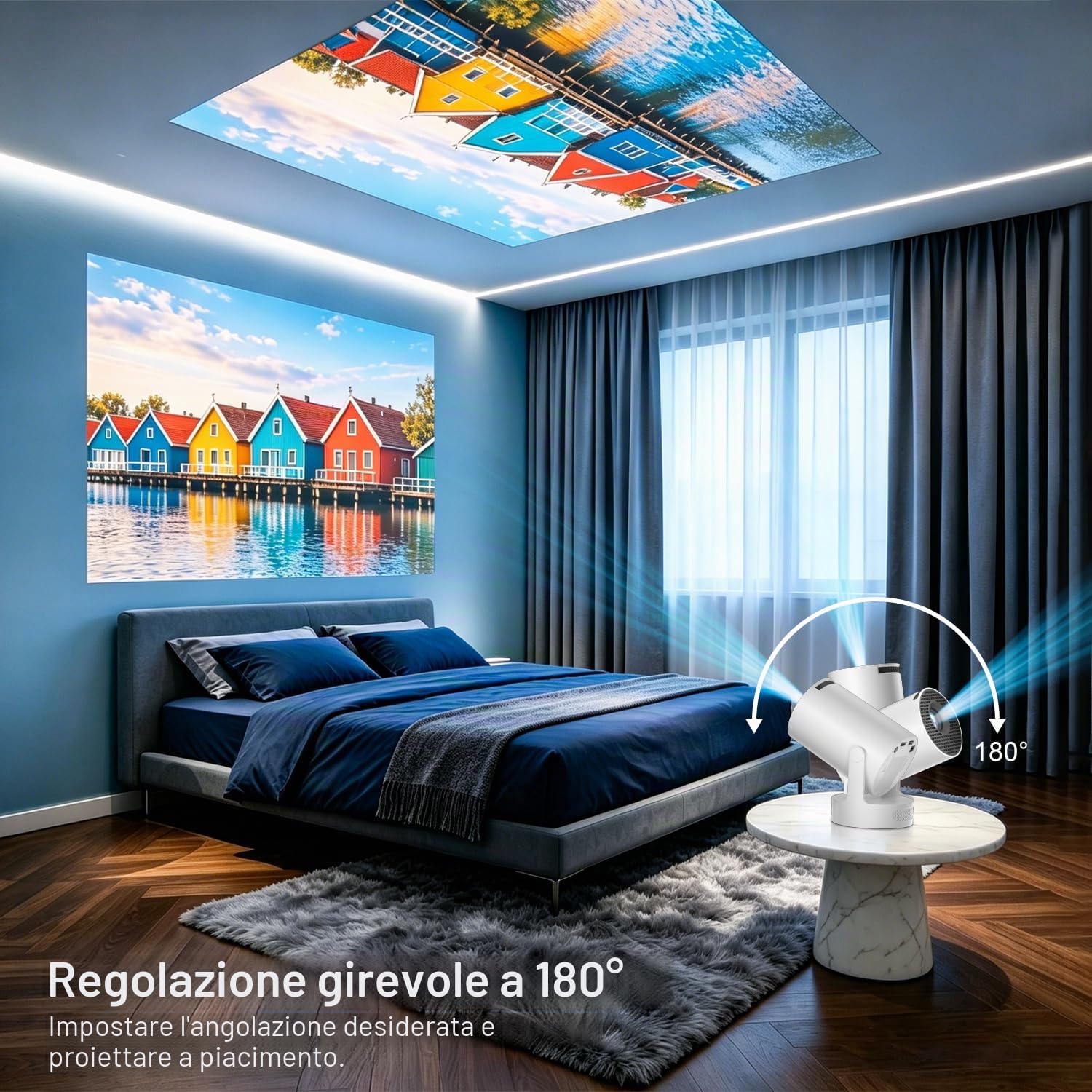 Salange Mini Proiettore 4K Supportato, Intelligente HD 1080P Supporta Android 14.0, Proiettore Cellulare Piccolo per Esterni, Girevole a 180°, Altoparlante Soundbass, Correzione