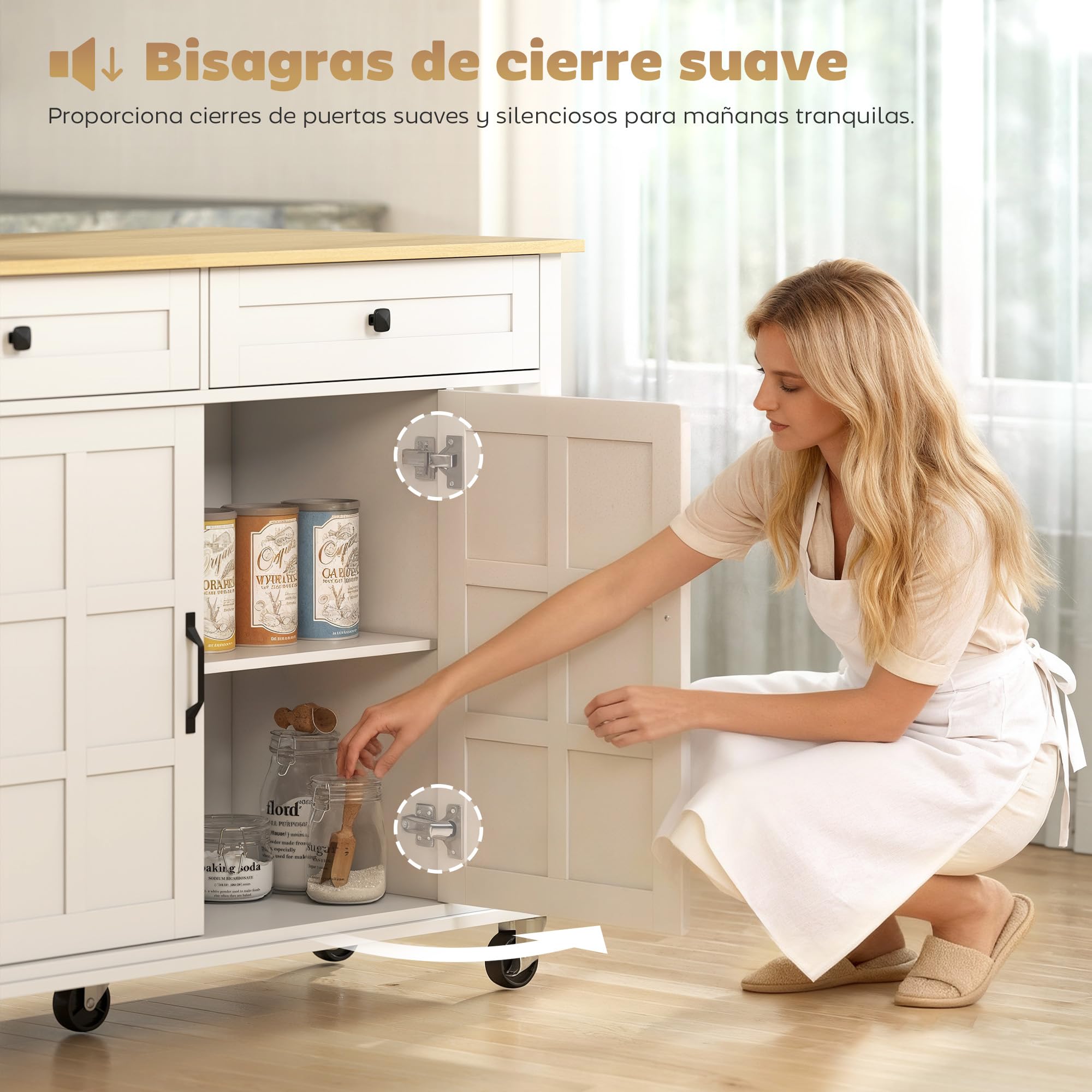 HOMCOM Isla de Cocina con Ruedas, Encimera Plegable, Carro de Cocina con 2 Puertas con Cierre Suave, 2 Cajones, 6 Estantes Abiertos, Blanco