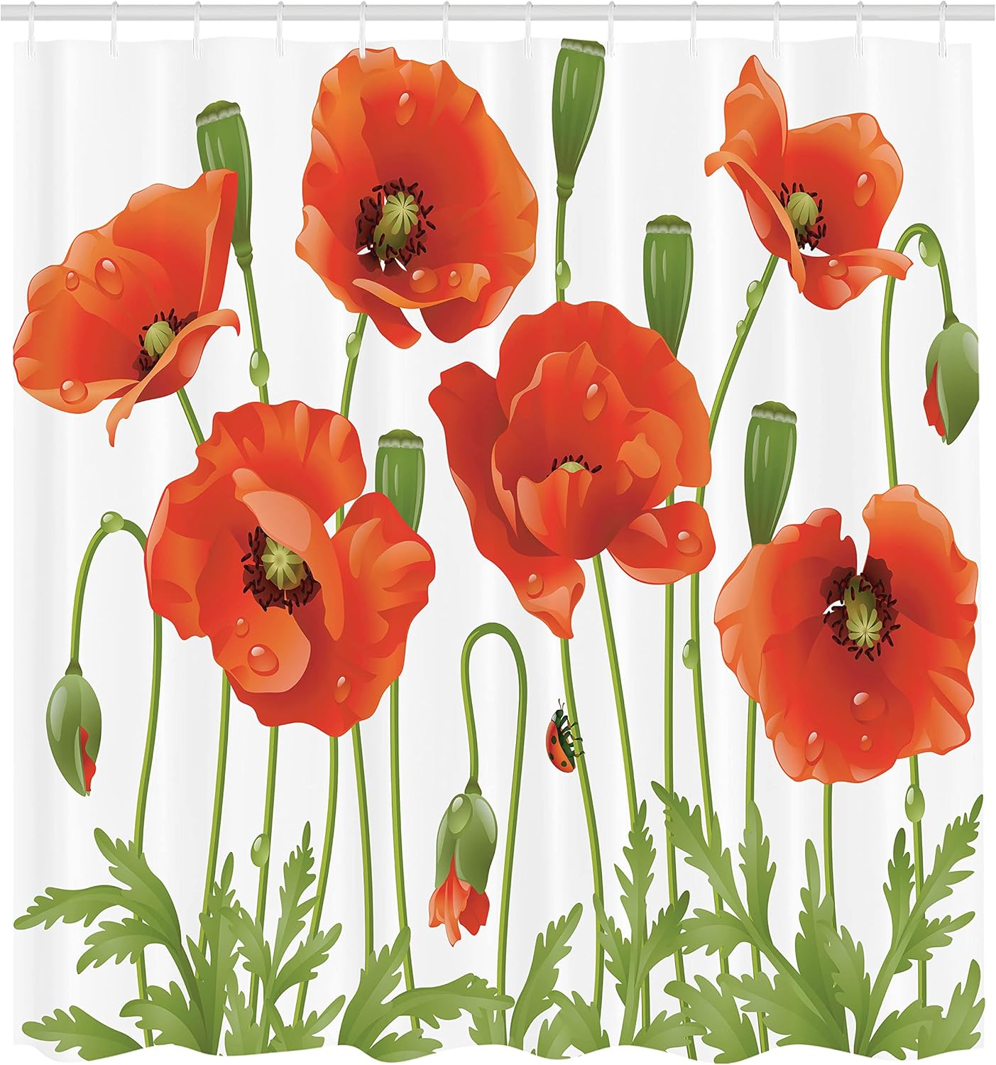 Ambesonne Flower Shower Curtain, Spring Wild Meadow of Poppies Ladybugs and Leaves Garden Art Nature Backyard Concept Print, Cloth Fabric Bathroom Decor Set with Hooks, 69" W x 84" L, Orange Green