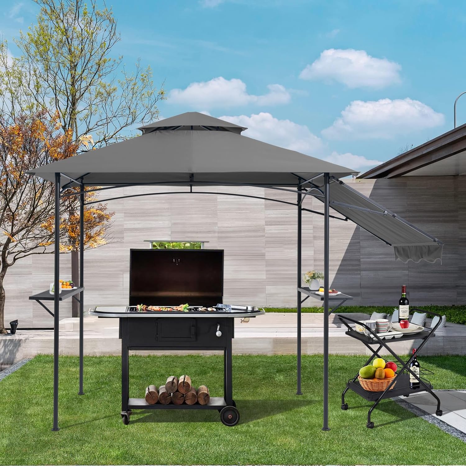 COBANA Grill Gazebo 8’x 5’ Outdoor Patio Backyard BBQ Grill Shelter with Side Awning, Double Tiered Soft Canopy Top with Steel Frame and Bar Counters, Gray