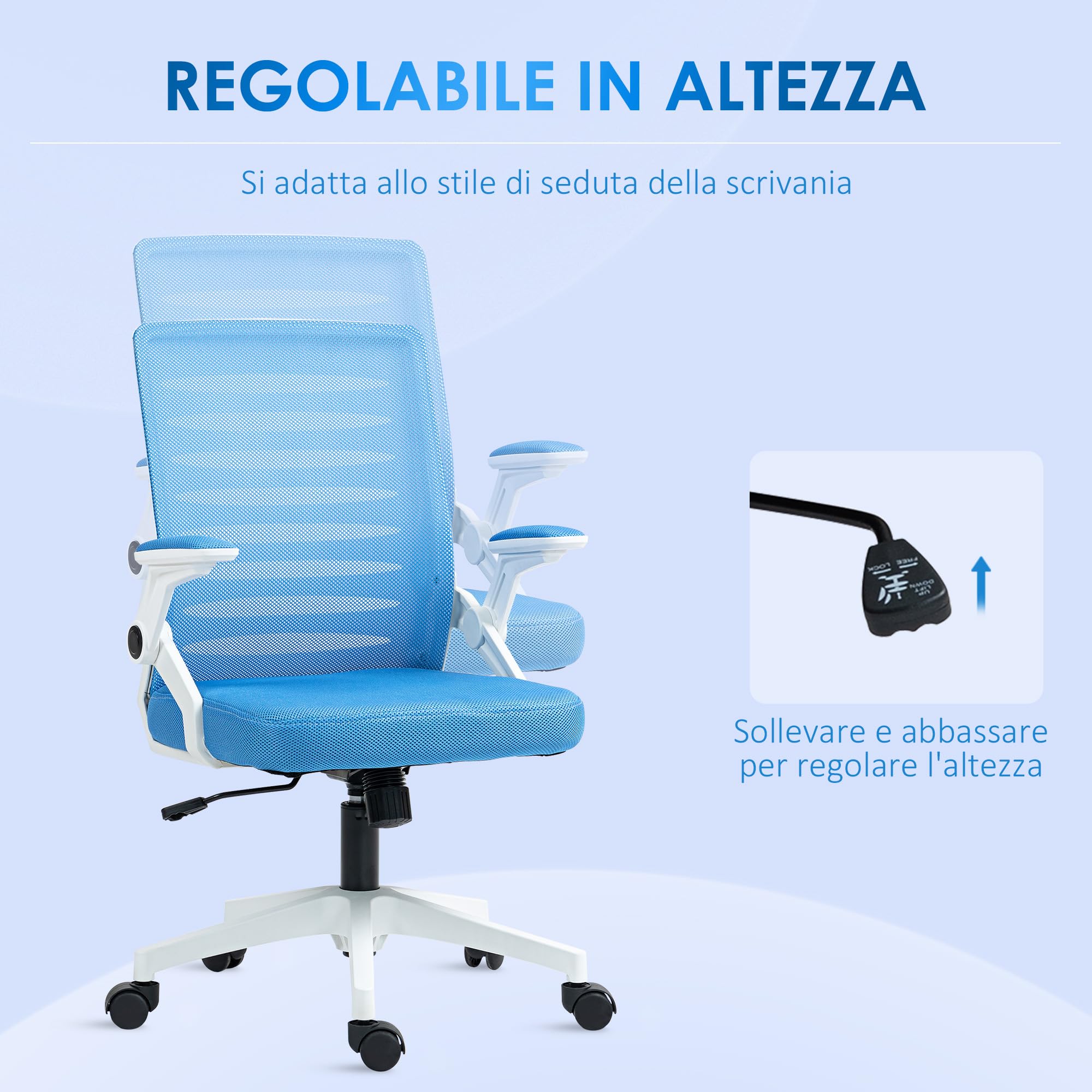 Vinsetto Sedia Ergonomica Ufficio Girevole 54x54x89-99 cm Bianca e Azzurra