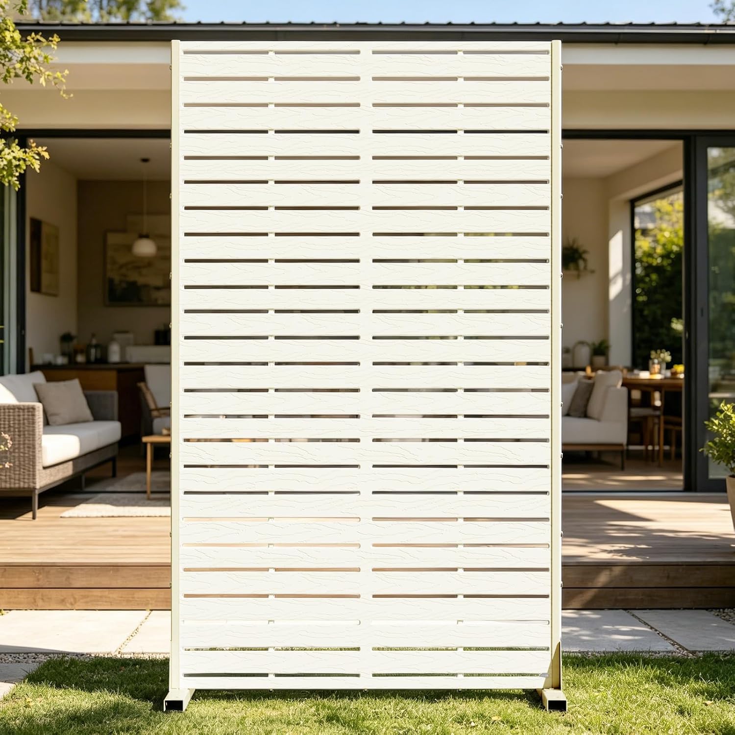 Outdoor Privacy Screen 60" H HDPE Decorative Panel Freestanding Privacy Fence with Stand, Privacy Screens with Louvered 5 Panels, Weather-Resistant Panel Fence for Patio,Balcony,Pool,White