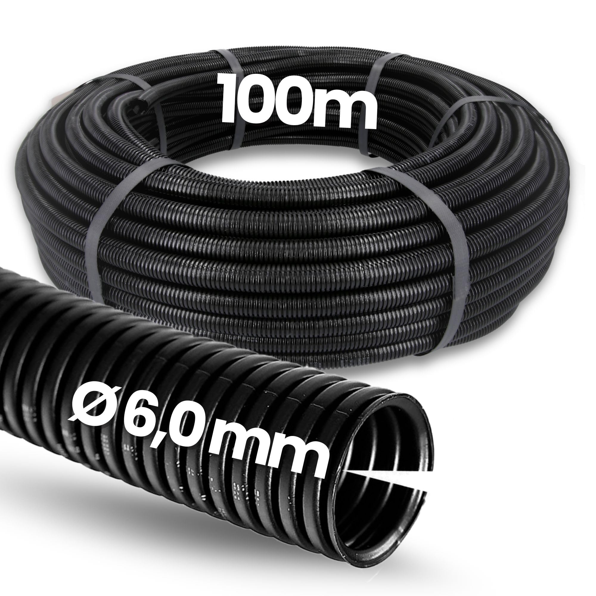 Kalitec 100m Tubo Corrugado Ranurado NW 6 - Protector de Cables y Manguera | Tubo flexible de polipropileno AD 9,2mm e ID 6,0mm, resistente a UV, ignífugo y antimartas para automoción y jardín