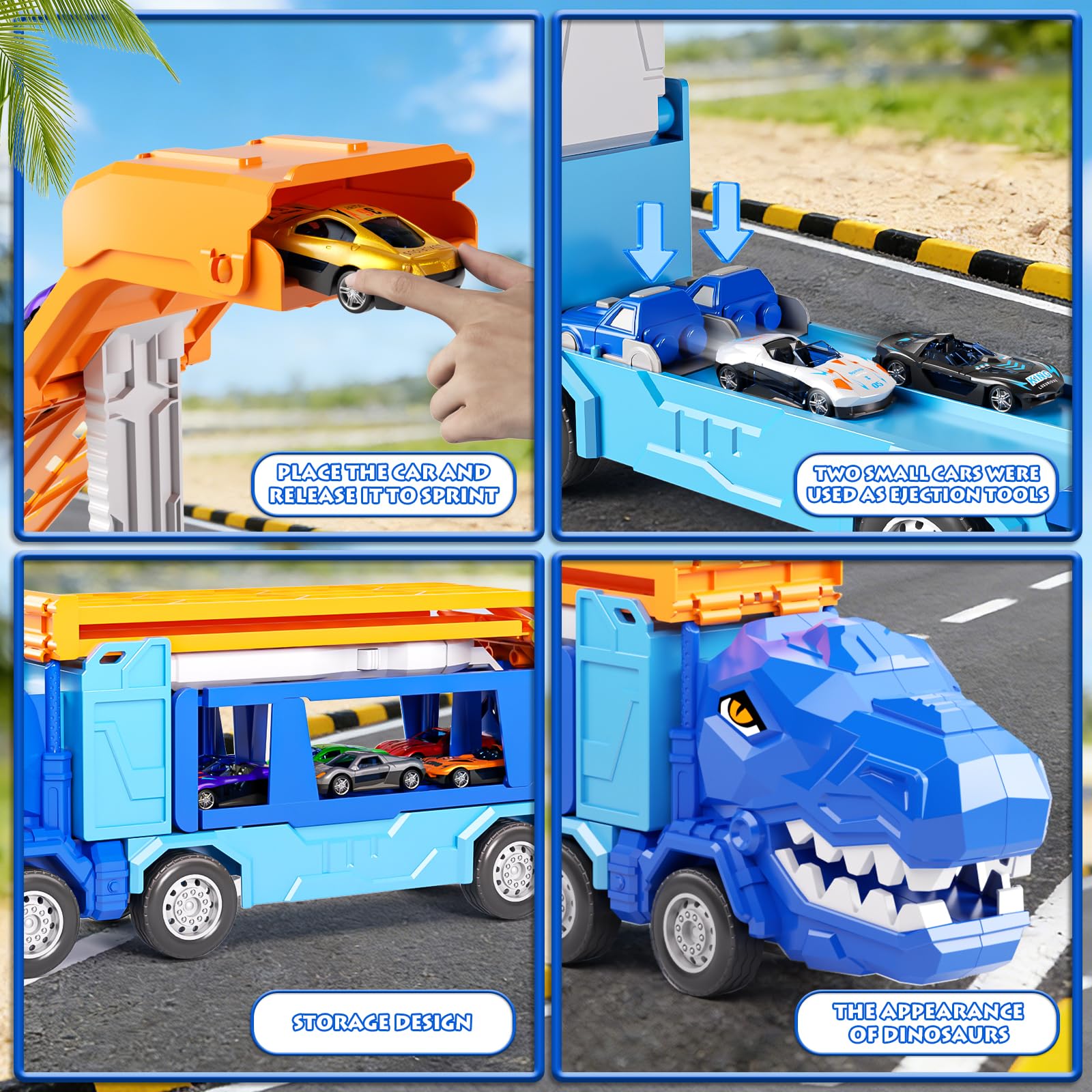 Doloowee Dinosaurier LKW Spielzeug für Jungen ab 3 Jahren, LKW Kran mit 12 Mini Rennwagen, Geschenk für Kinder 3 4 5 Jahre Alt