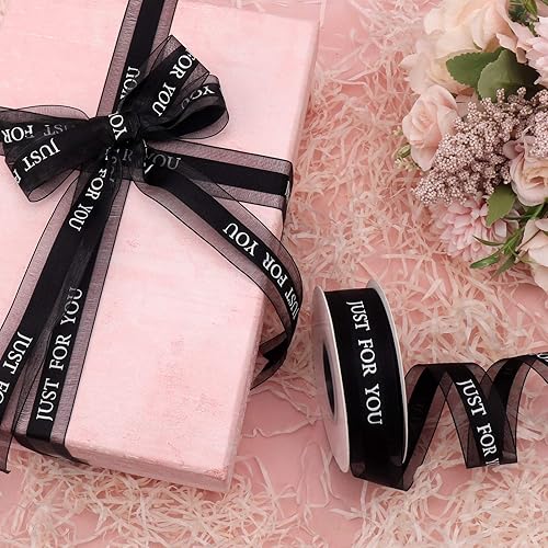 Miniatura 5 de 2 rollos de cinta de San Valentín de gasa blanca y negra, solo para ti, 2 x 22 yardas, 100% nailon con organza, perfecto para envolver regalos,