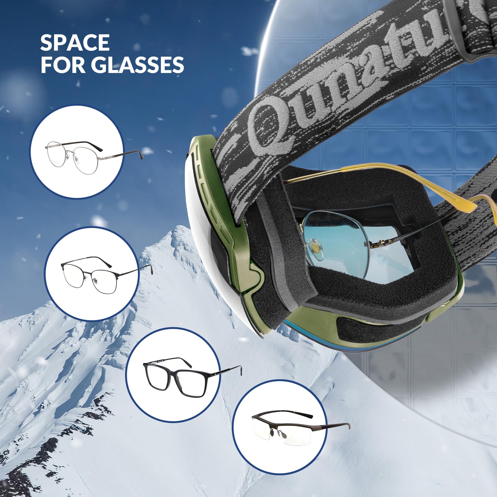 Qunature Lunettes Ski OTG Anti-Buée UV400 Homme Femme Vert