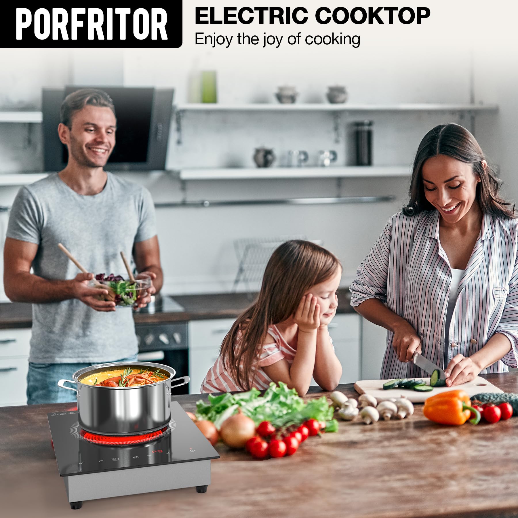 PORFRITOR single burner Electric Cooktop,110V 1800W Electric Stove Top with LED Touch Control,Portable cooktop 9 Power Levels, 4hTimer, Safety Lock,Overheat protection