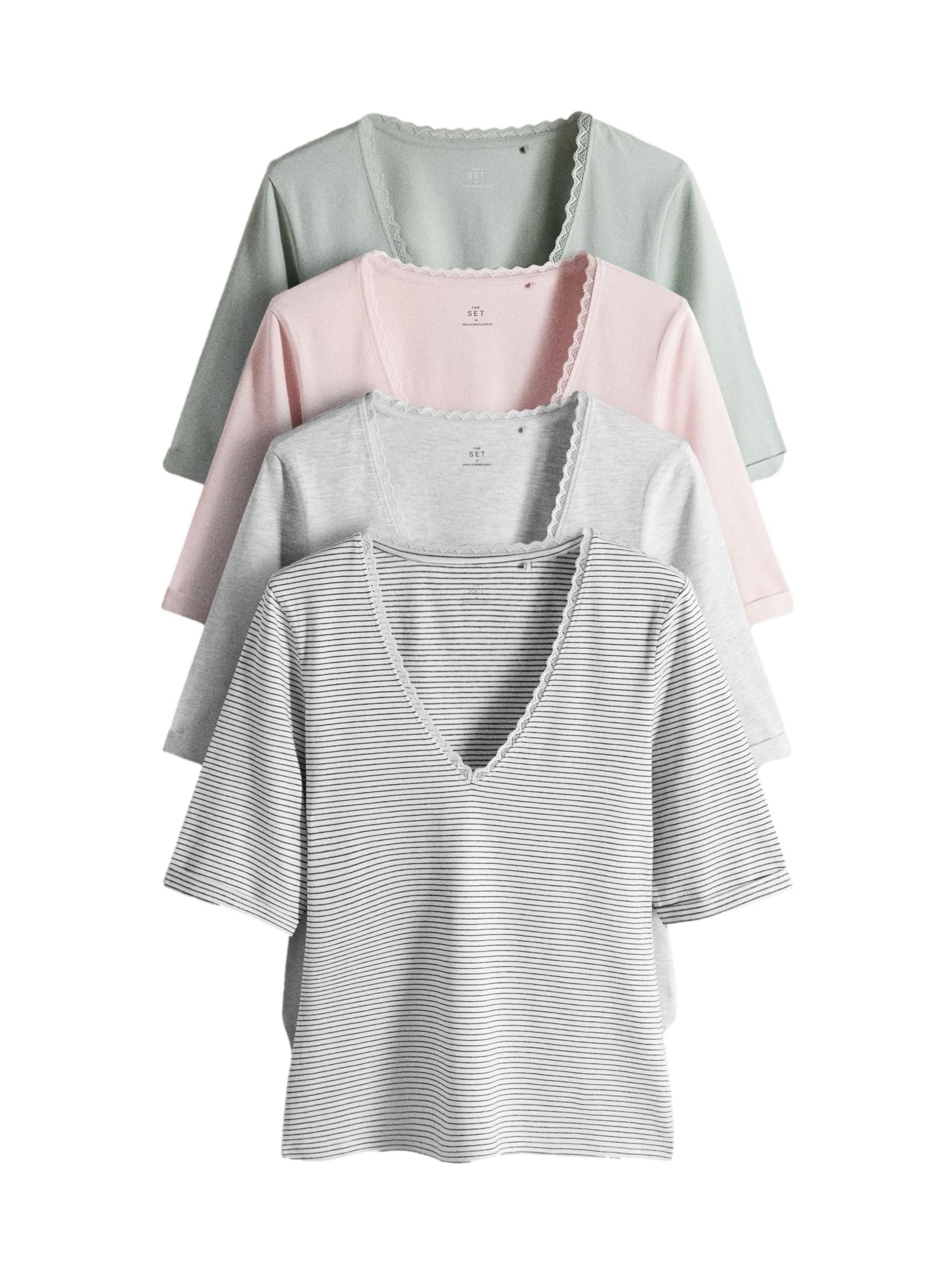 THE SET Donne Confezione da 4 Top con Scollo a V in Pizzo | Adulto, e maniche tre quarti, Standard, Pull On