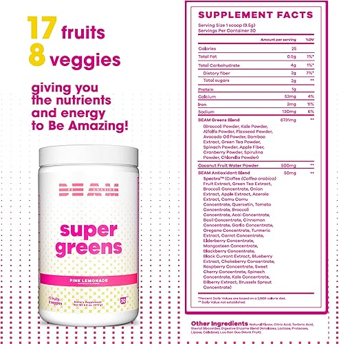 Miniatura 5 de BEAM be Amazing - Paquete de mezcla de polvo  Super verde con enzimas digestivas, limonada rosa  Pre-entrenamiento con cafeína totalmente natural,
