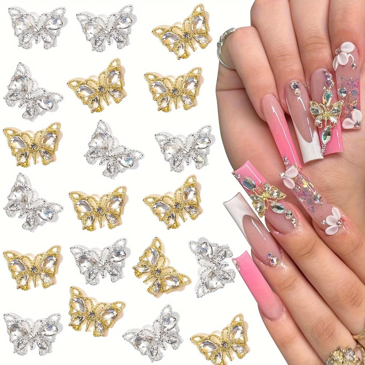 3D Butterfly Nail Charms for Acrylic Nails 12PCS Silver Gold Butterflies Nail Decoration With Gems and Rhinestones