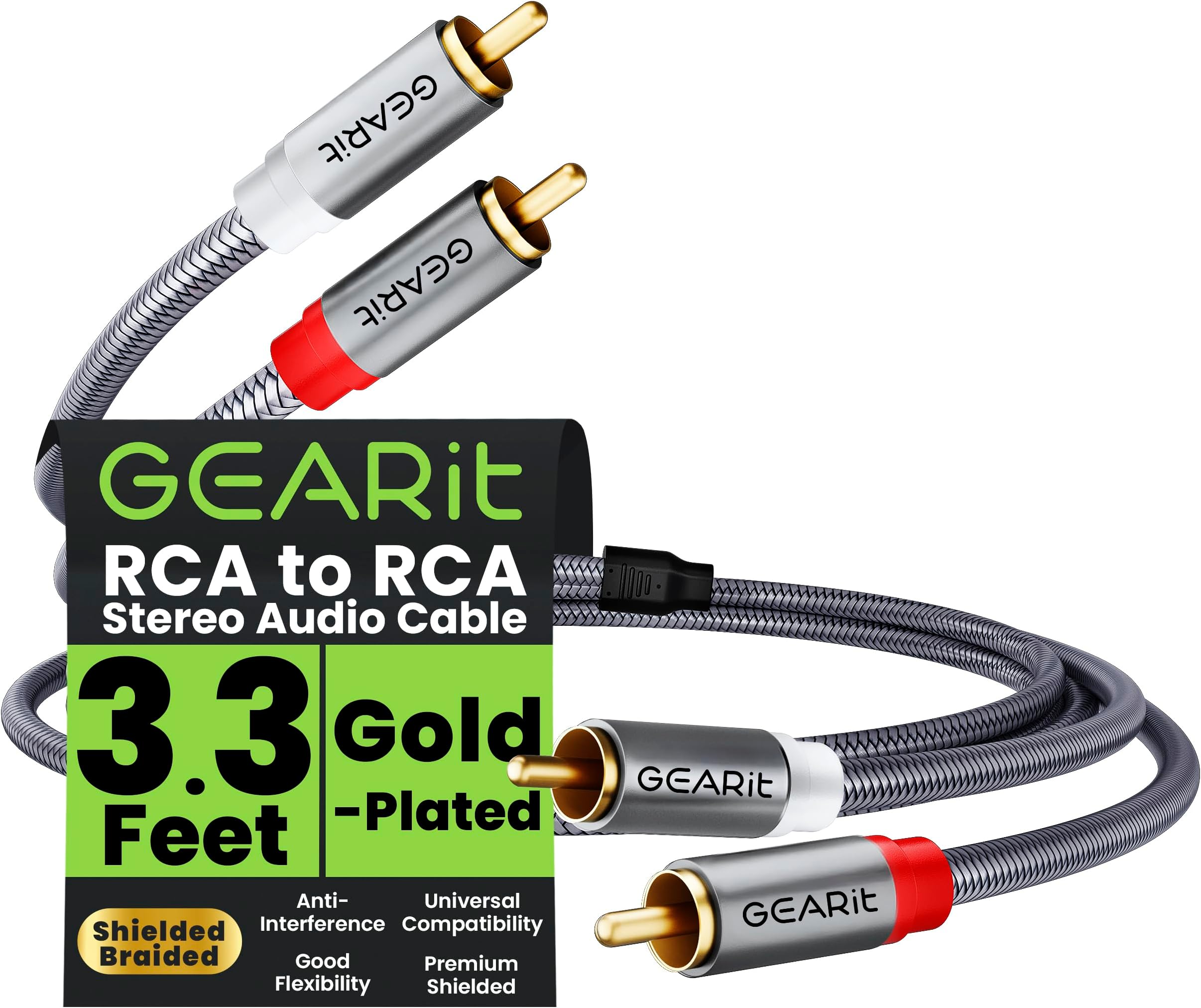 GEARit RCA Cables 3.3ft, RCA Cables Car Audio with Dual Shielding & Gold-Plated Connectors, RCA Cable for Subwoofer Cable, Hi-Fi System, Amplifier, Active Speakers, Gaming Consoles