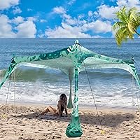 Vista 13 de Buheco - Tienda de campaña de playa, toldo de playa de 10 x 10 pies, refugio solar UPF50+ con 4 postes plegables, bolsa de transporte portátil, pala