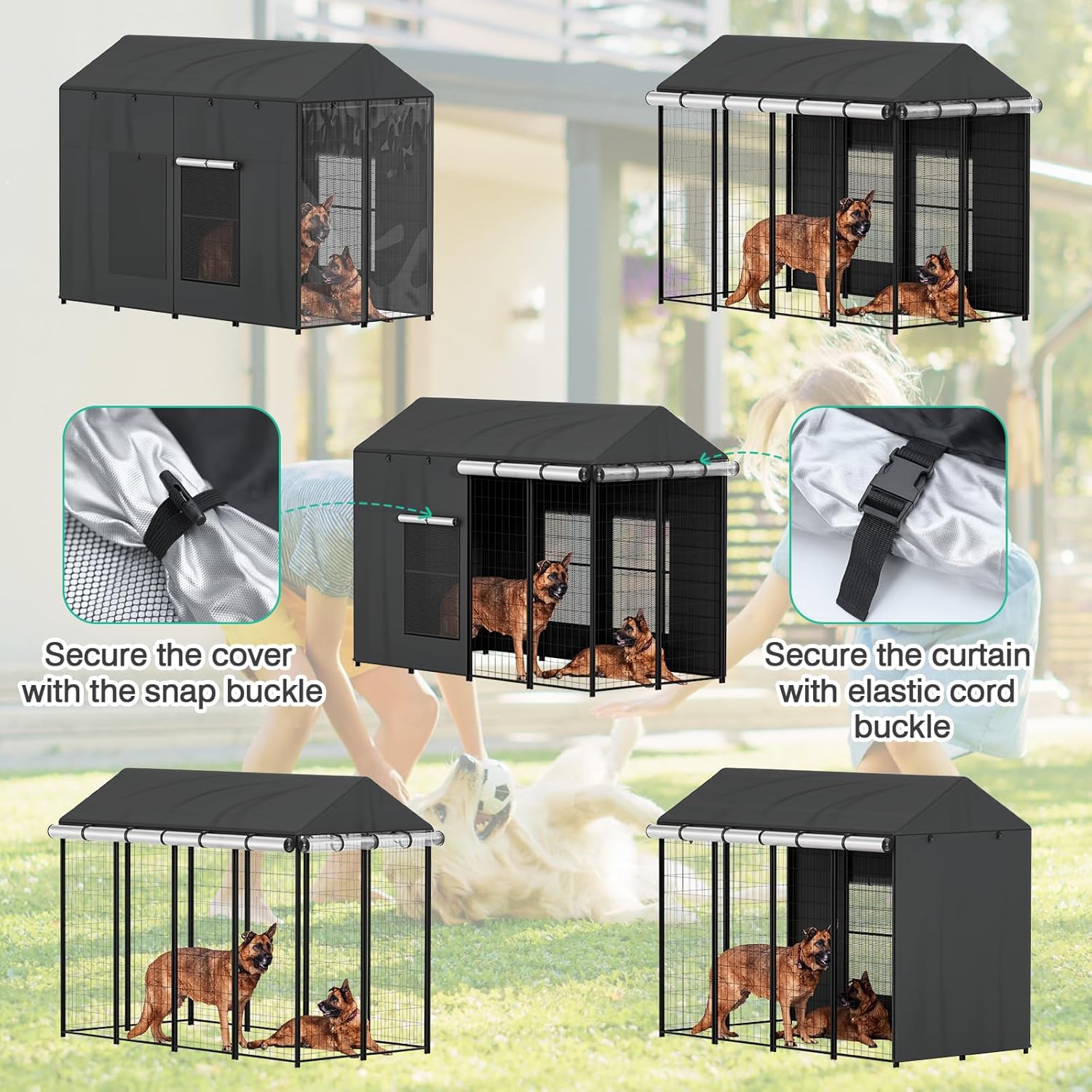 Outdoor Dog Kennel Cover for Dog Cages 8'D x 4'W x 6'H Full Coverage, 1200D Heavy Duty Silver-Coated Interior Waterproof Enclosure Covers with Mesh Windows, (Cover Only)