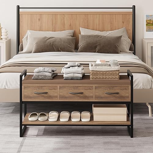 Miniatura 5 de BOTLOG Banco de zapatos, banco de almacenamiento de zapatos de 39.4 pulgadas con cojín, organizador industrial para zapatos con cajones de tela,