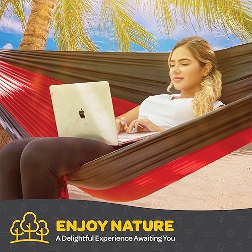 Miniatura 5 de Hamaca de nailon ligera y duradera para campamento, capacidad de 500 libras, tamaños dobles o individuales, con correas para árbol y bolsa de