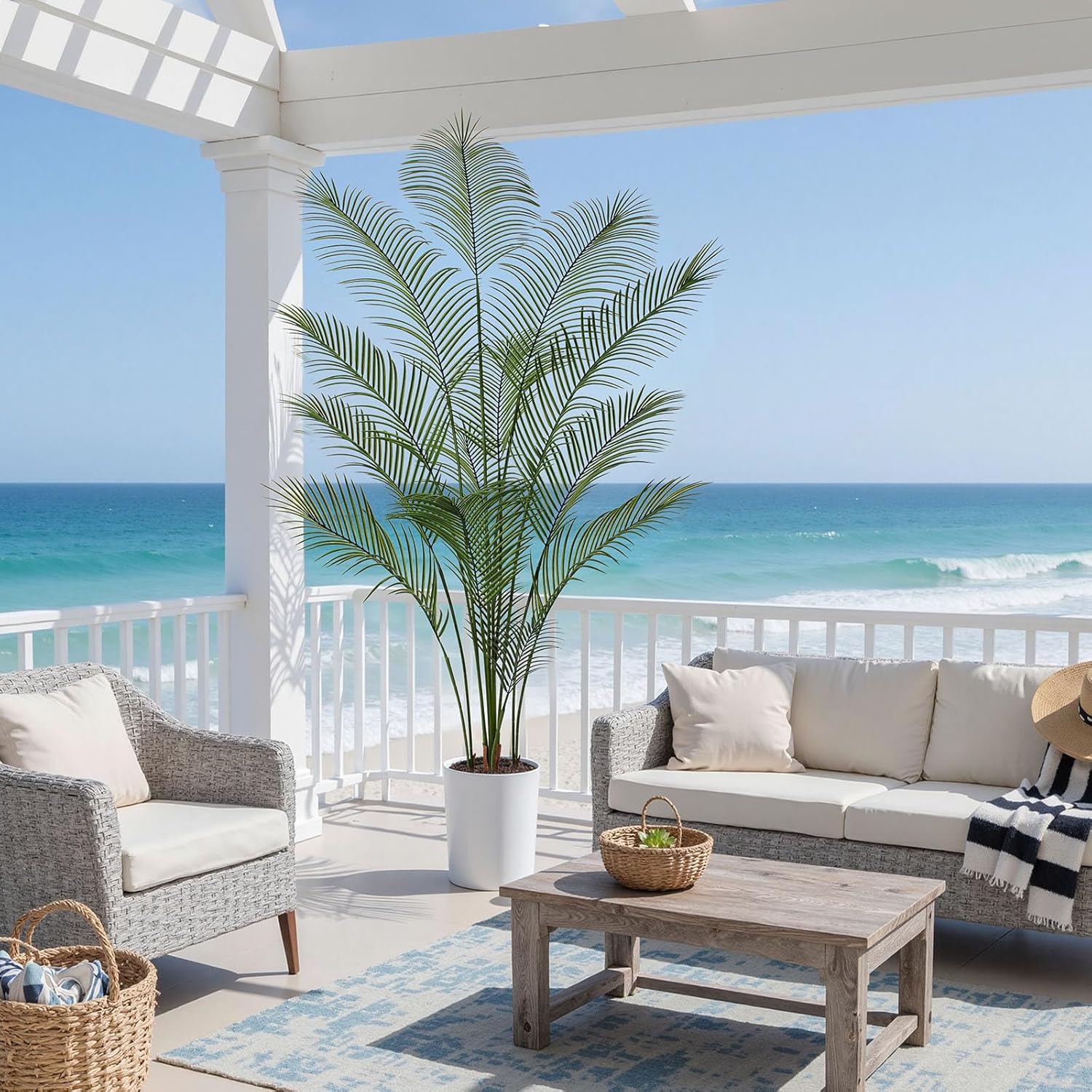 artificial palm tree 7ft tall faux palm tree indoor fake plants faux tropical plant, uv resistant & maintenance free indoor/outdoor fake tree in pot for home office living room patio decor 7ft fine leaved