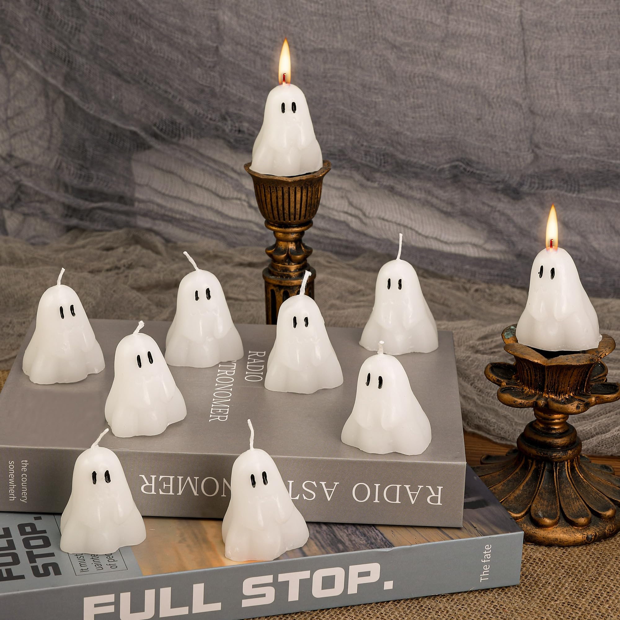 EBaokuup10 PCS 2'' X 1.6'' Halloween Ghost Candles, Ghost Shaped Decor Candles, Fun Face Spooky Burning Candle for Halloween Party Home and Table Decorations