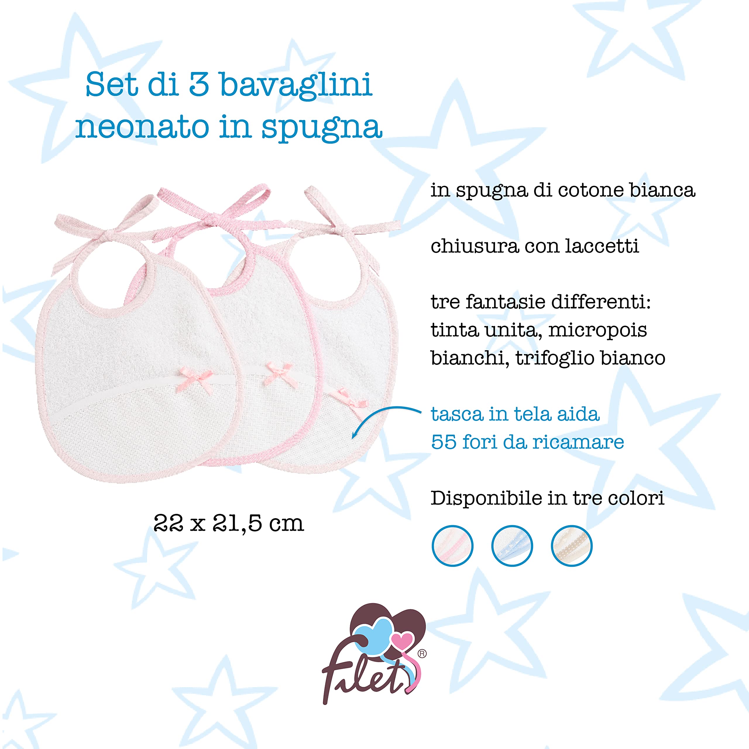Filet - Set de 3 Baberos Recién Nacido en Esponja de Algodón Blanco con Bolsillo en Tela Aida de Bordar, Protege los Vestidos Contra Comida y Regurgitación