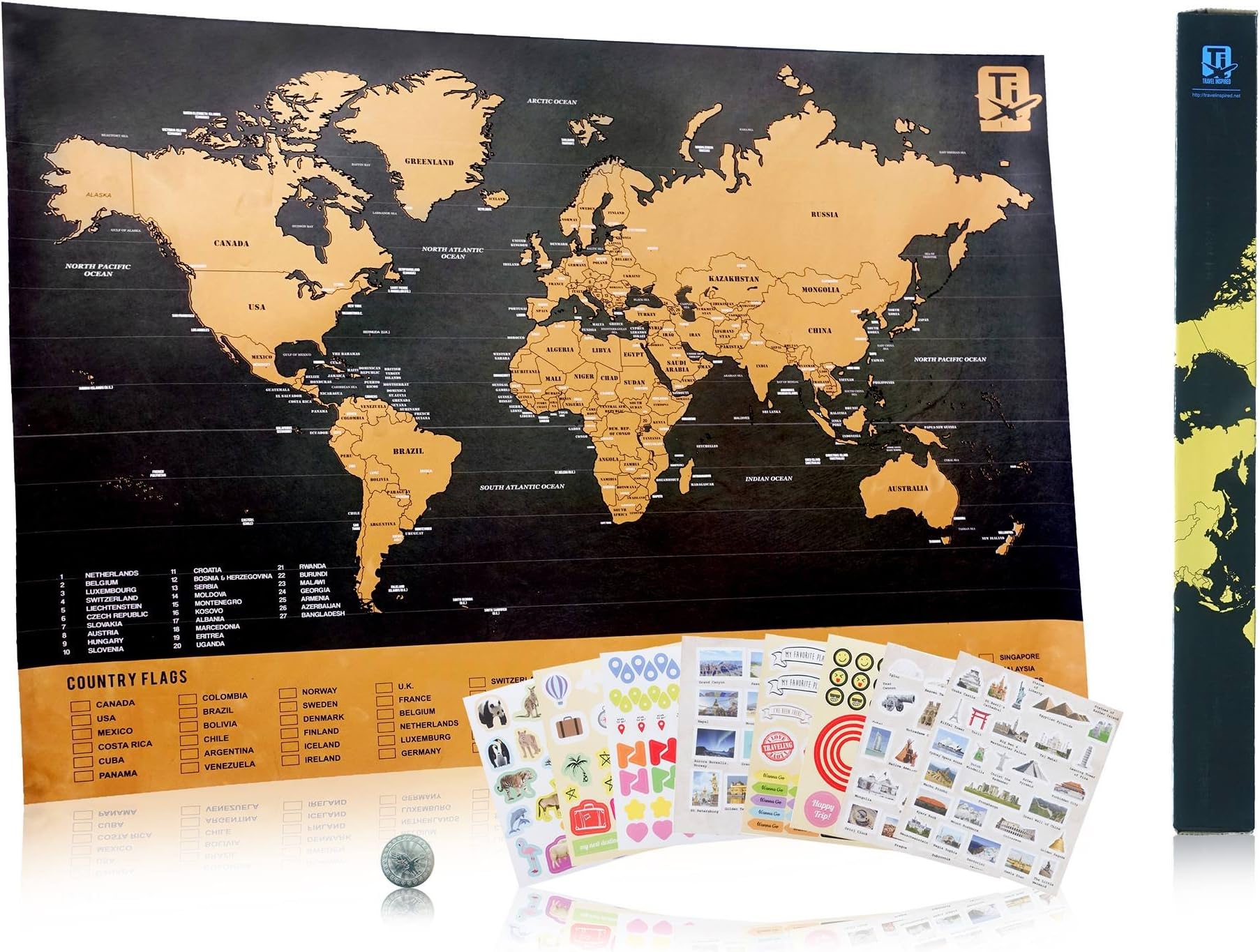 Travel Inspired Scratch Wanderlust Poster Map with 229 Travel Stickers