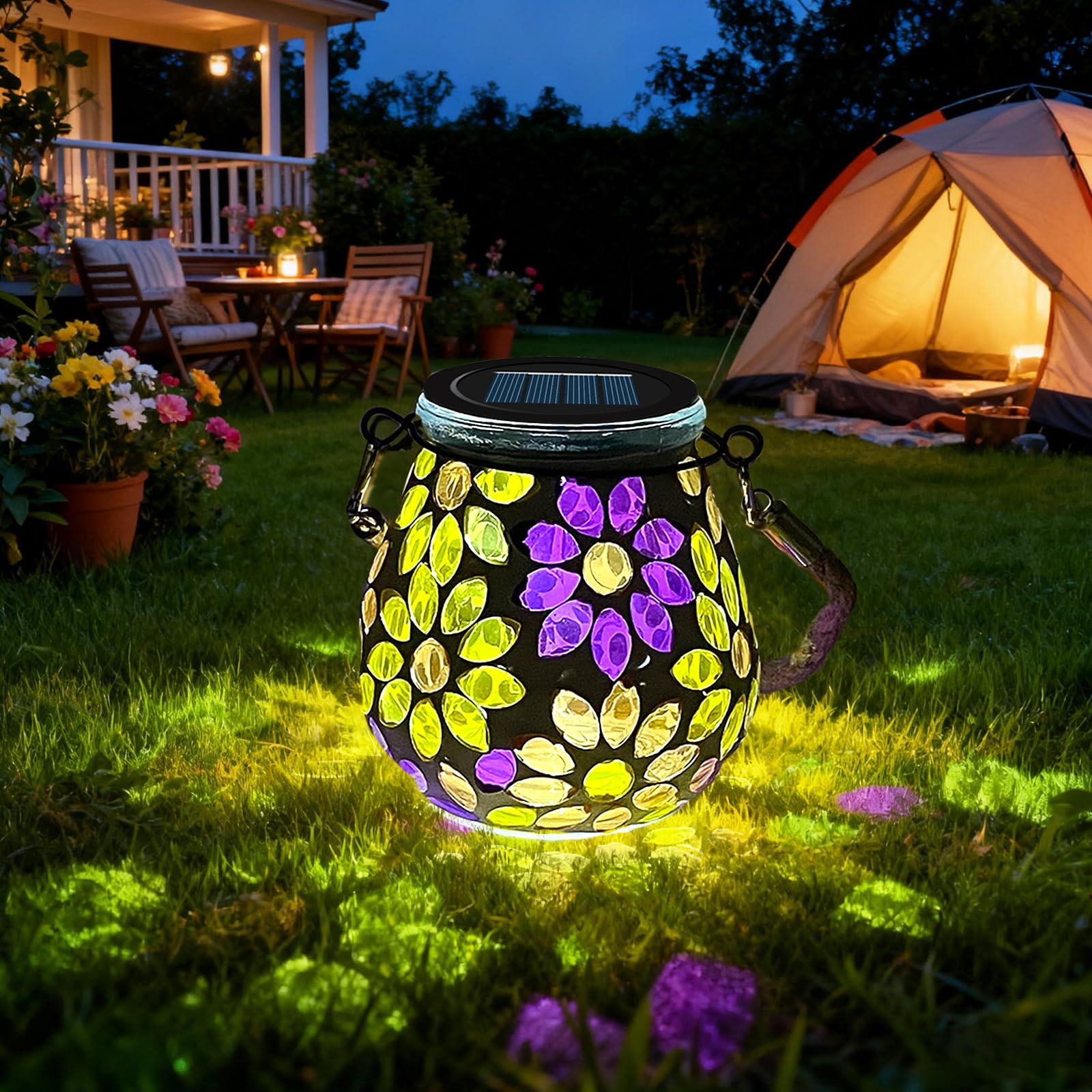 1PCS Oval Solar Mosaic Lights Outdoor, On/Off Glass Hanging Solar Mosaic Lanterns Lights IP65 Waterproof for Table Lawn Path Courtyard Deck Fence, Maple Mosaic Light — view 18