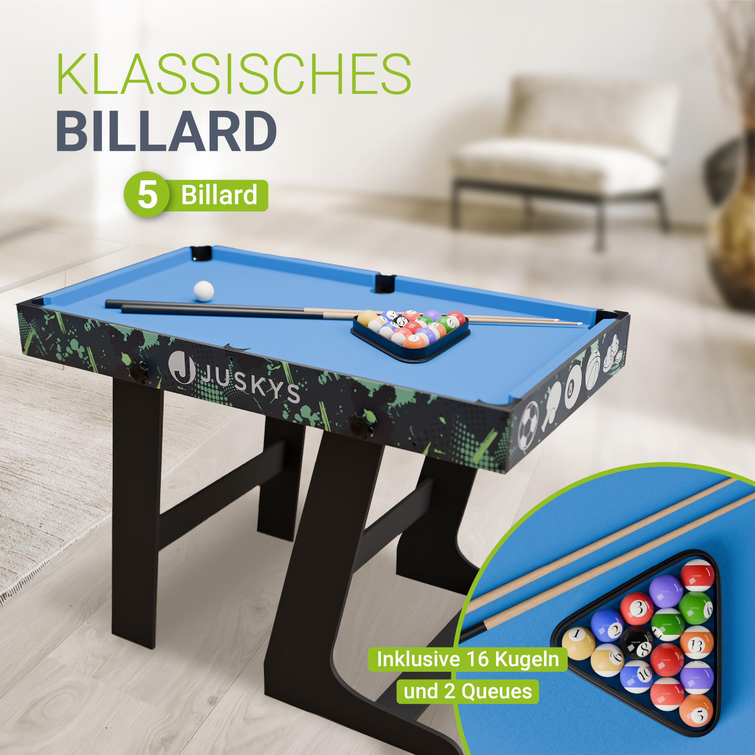 Juskys 5in1 Spieltisch Ballzauber - Multifunktionstisch klappbar mit Tischtennisplatte, Tischkicker, Billardtisch, Hockey & Basketball
