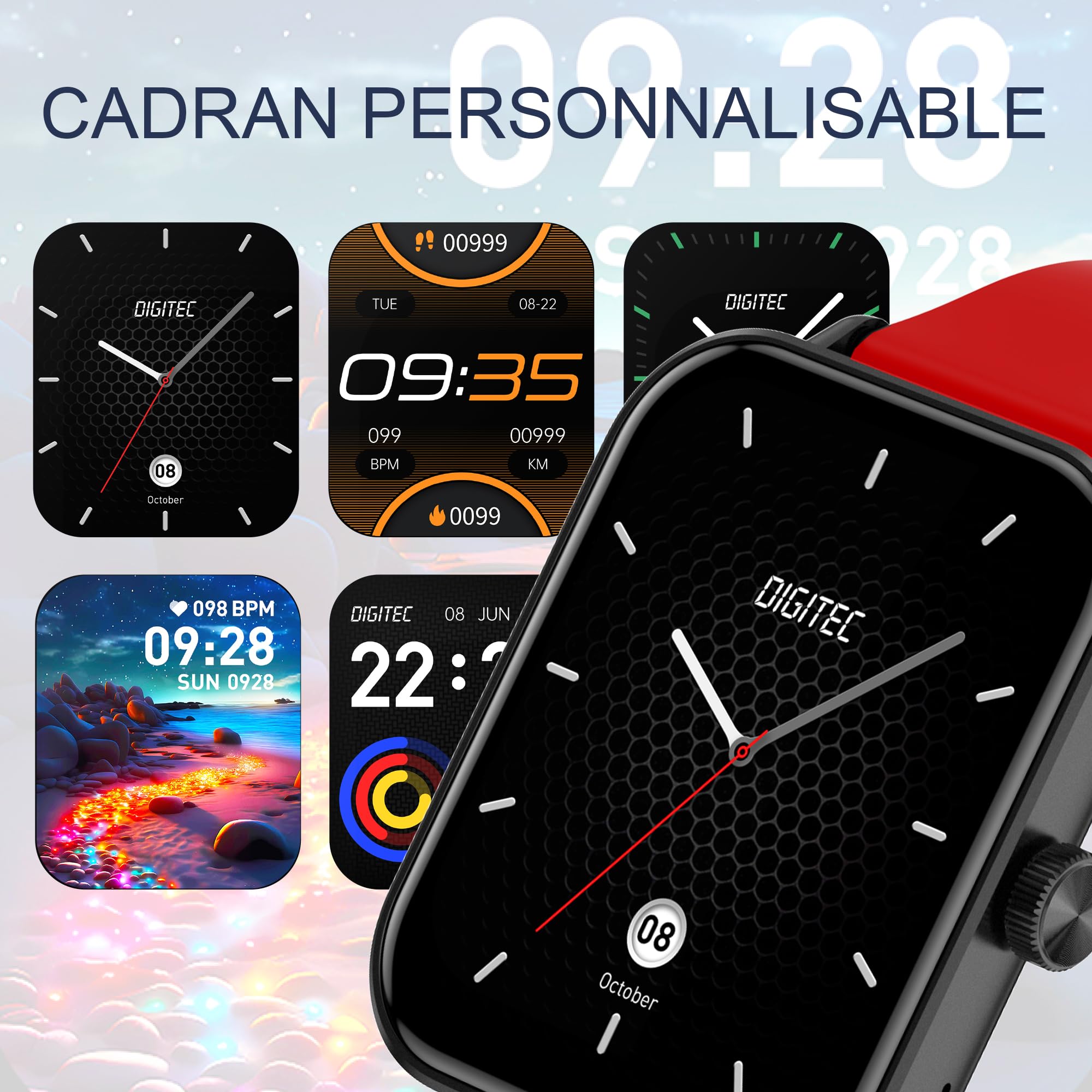 Digitec Montre connectée Square Noire avec Bracelet en Silicone Rouge, Homme Femme, Suivi activité et Sommeil