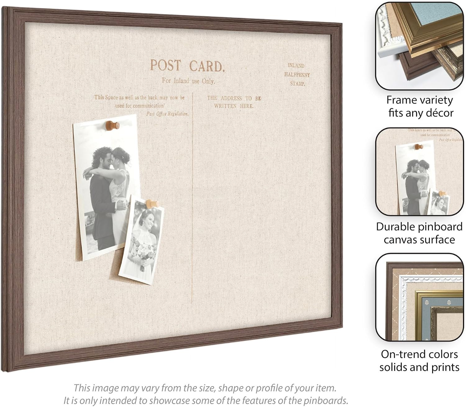 Kate and Laurel Framed Fabric Pinboard 26 x 20, Linen Vintage Post Card Printed Linen Classic Bulletin Board for Use as a Vision Board or Wall Organization, Florence Medium Brown Frame
